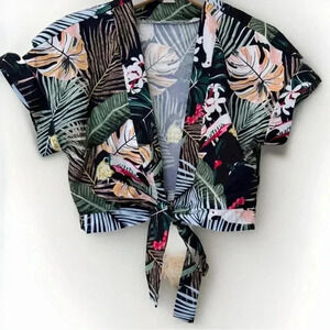 ZAFUL Crop Top Tie Front Ditsy Floral Boho Size Small Tropical Green